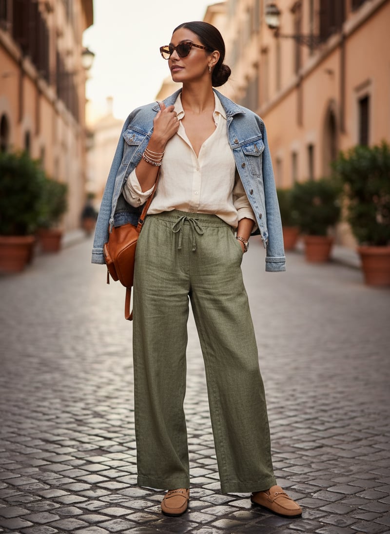 Mid Green Linen Wide-Leg Drawstring Trousers