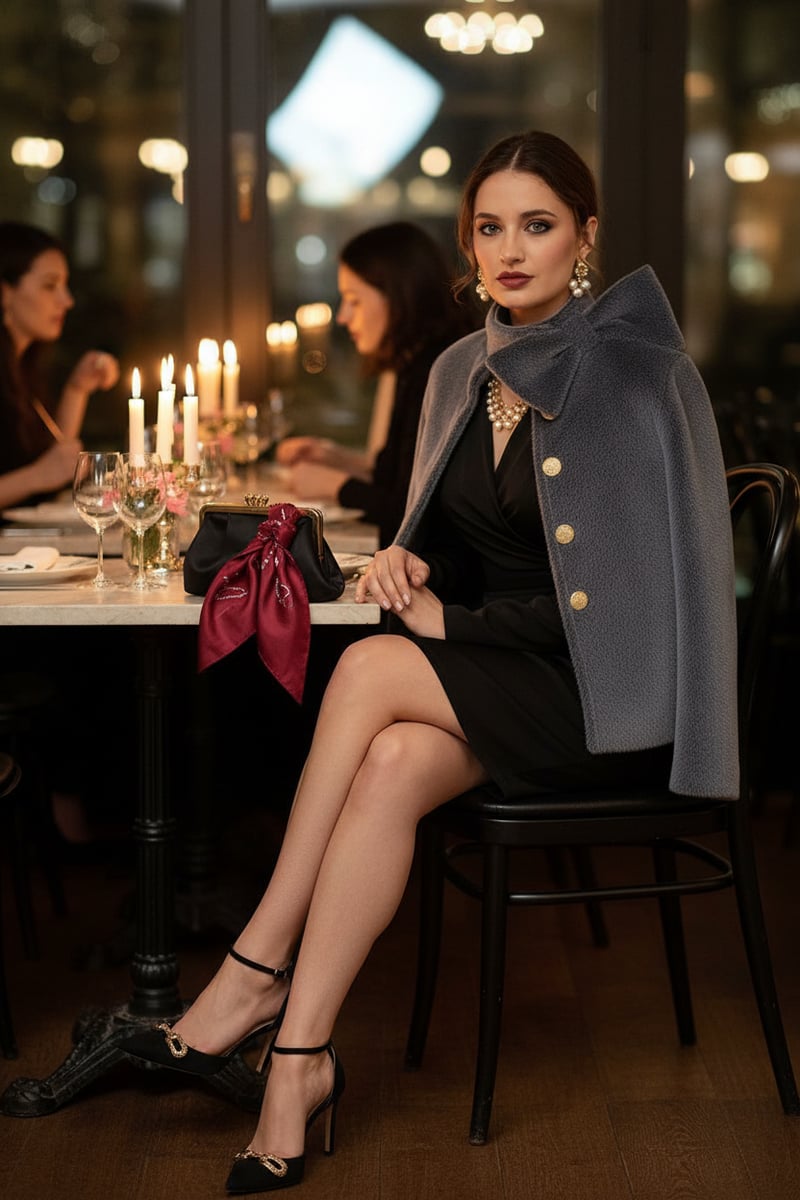 Grey Plush Bow-Collar Button-Front Jacket