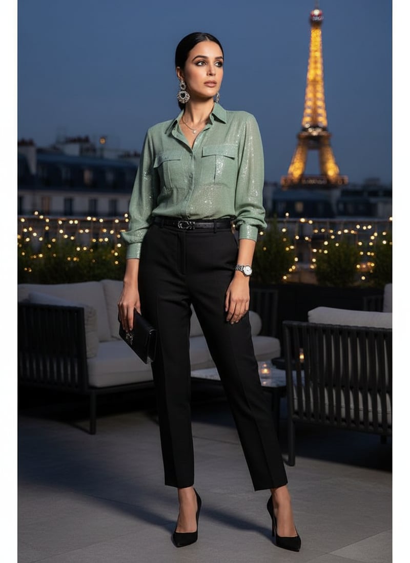 Aqua Blue Sequins Georgette Shirt with Balloon Sleeves