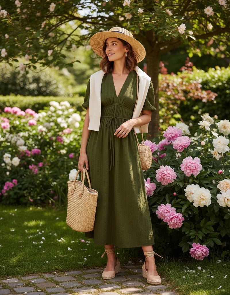 Khaki V-Neck Puff Sleeve Shirred Waist Midi Dress