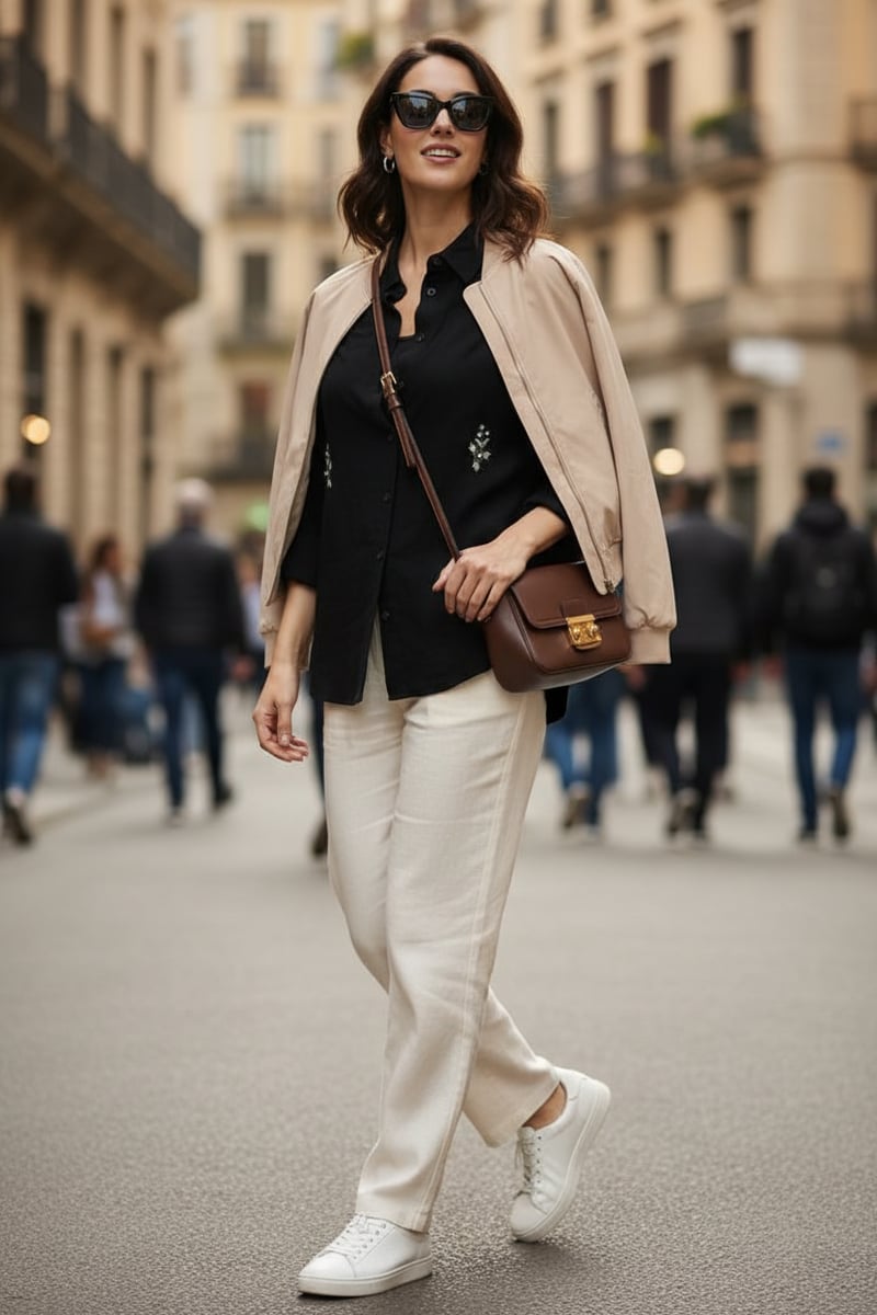 Black Collared Button-Down Shirt with Floral Embroidery