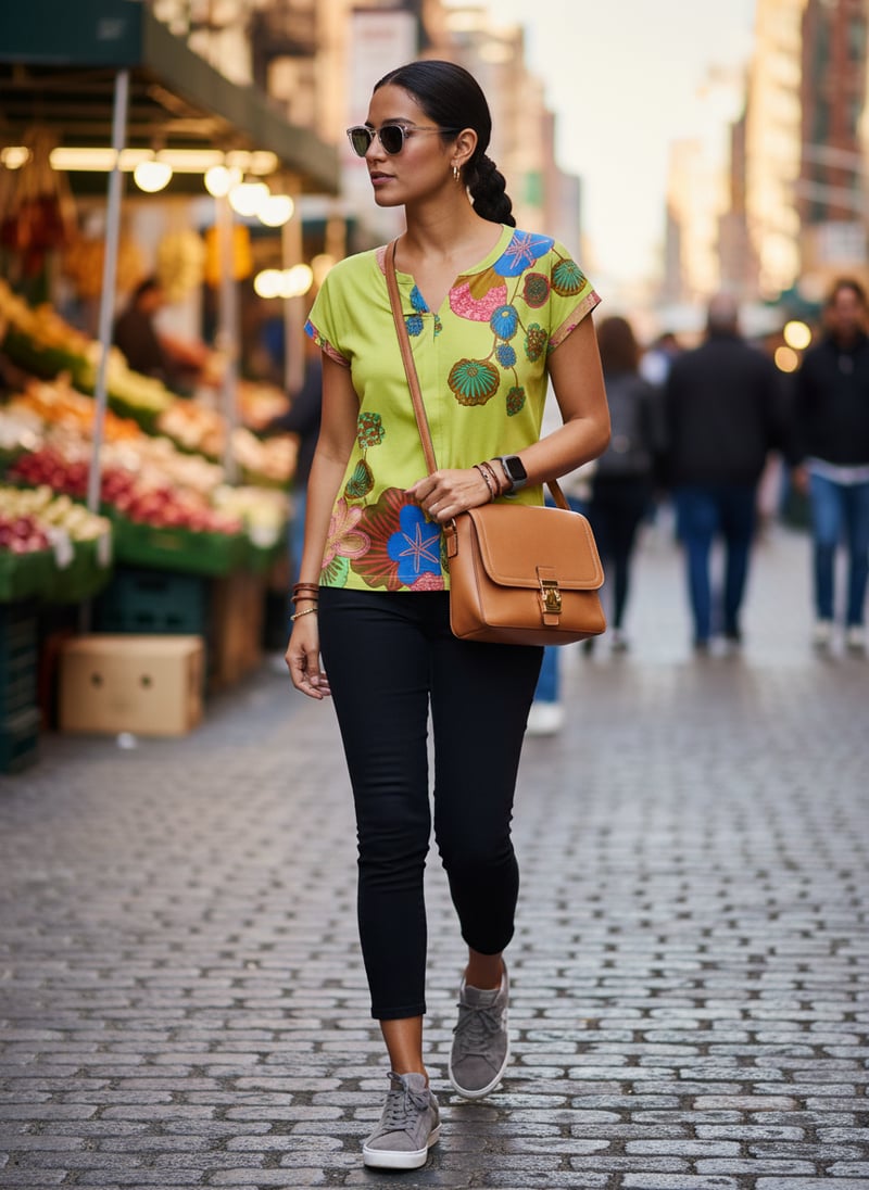 Yellow Print Notch Neck Cotton Jersey T-Shirt
