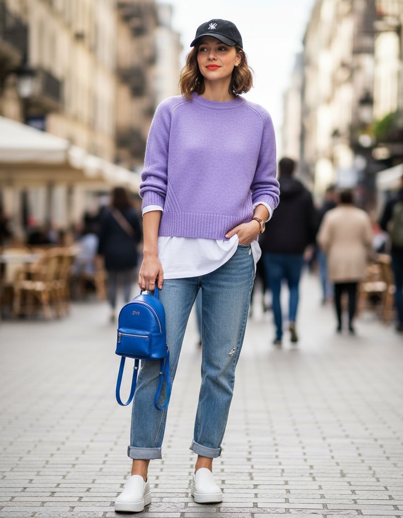 Lilac Crewneck Pullover Sweater with Rib Details