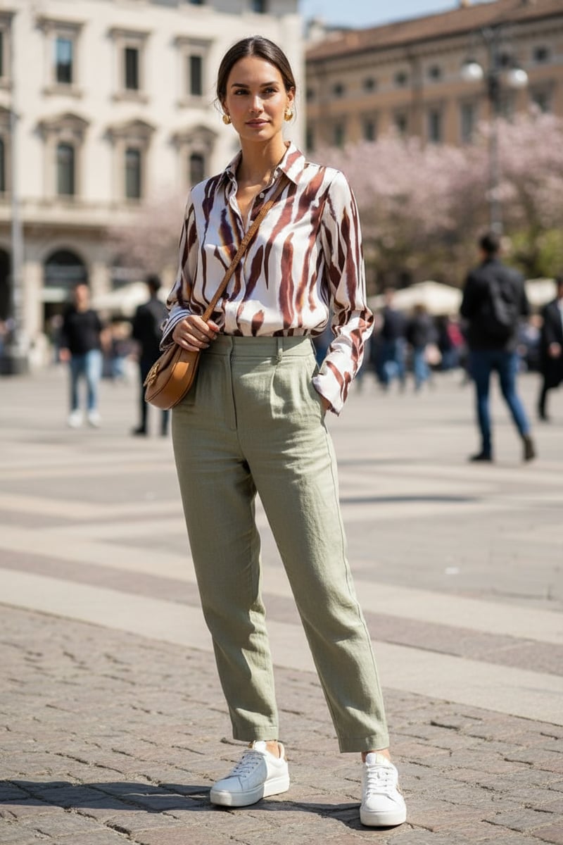 Brown Animal Print Satin-Finish Button-Down Shirt