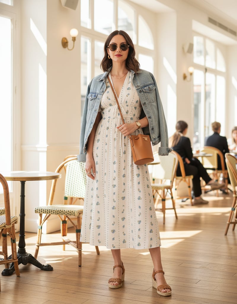 White Floral Fit and Flare Midi Dress with Puff Sleeves
