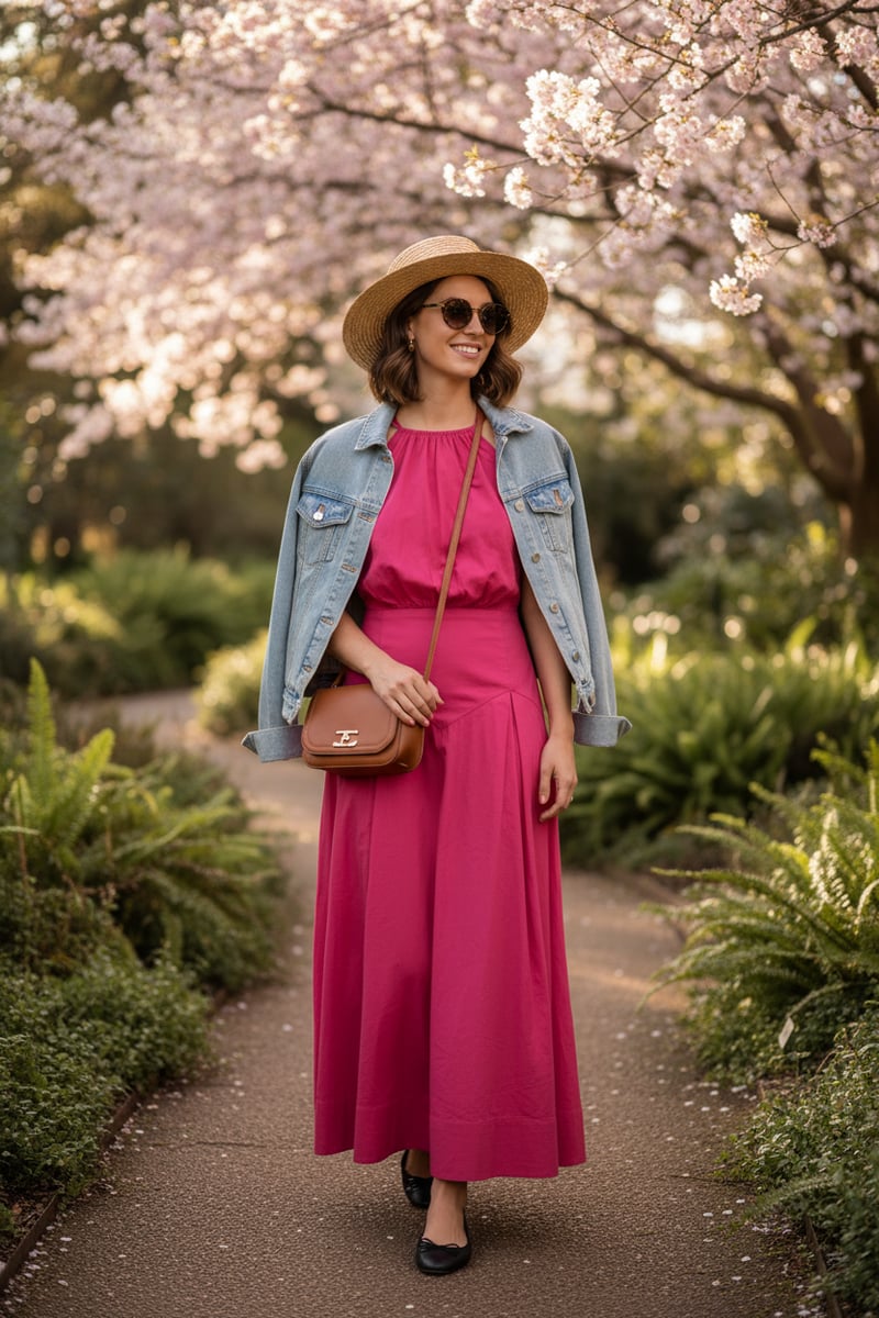 Hot Pink Cotton Halter Neck Midi Dress with Dropped Waist