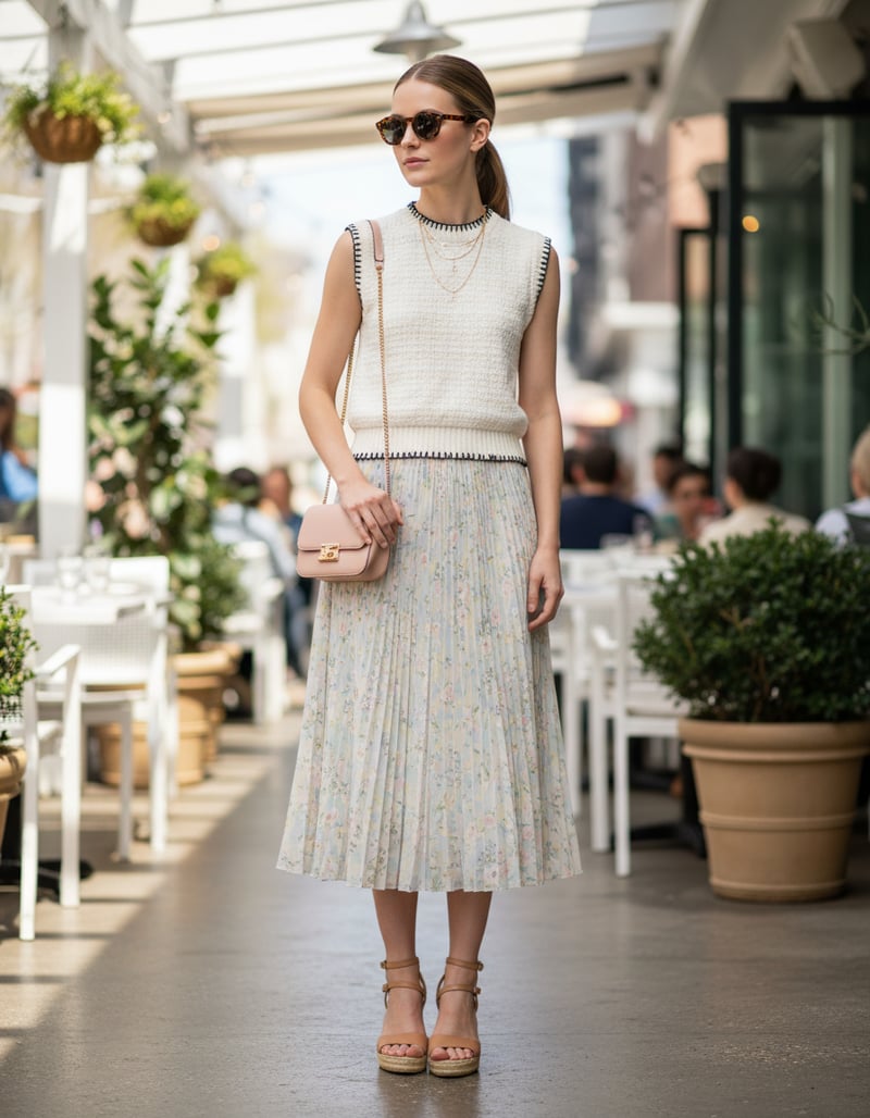 Milk White Sleeveless Knit Top with Black Contrast Trim