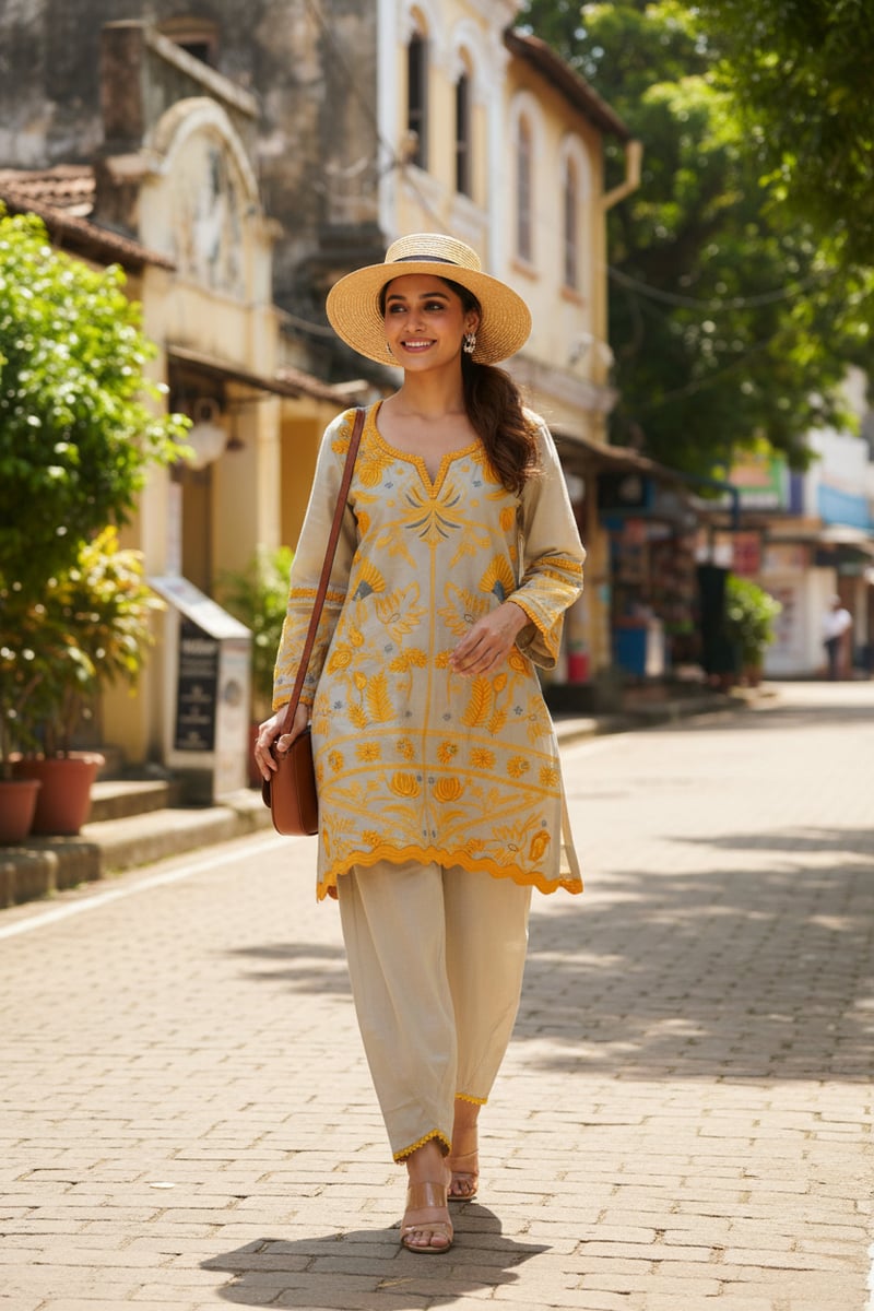 Beige Chanderi Embroidered Kurta Co-ord Set