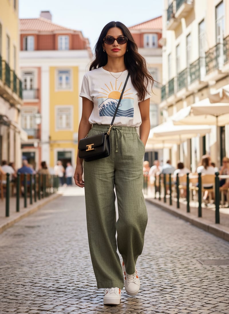 Mid Green Linen Wide-Leg Drawstring Trousers