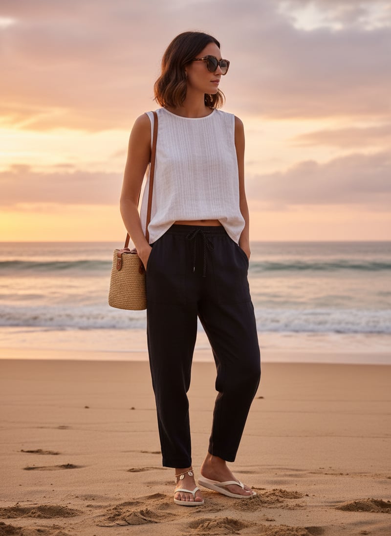 Pure Black Linen Blend Drawstring Tapered Trousers