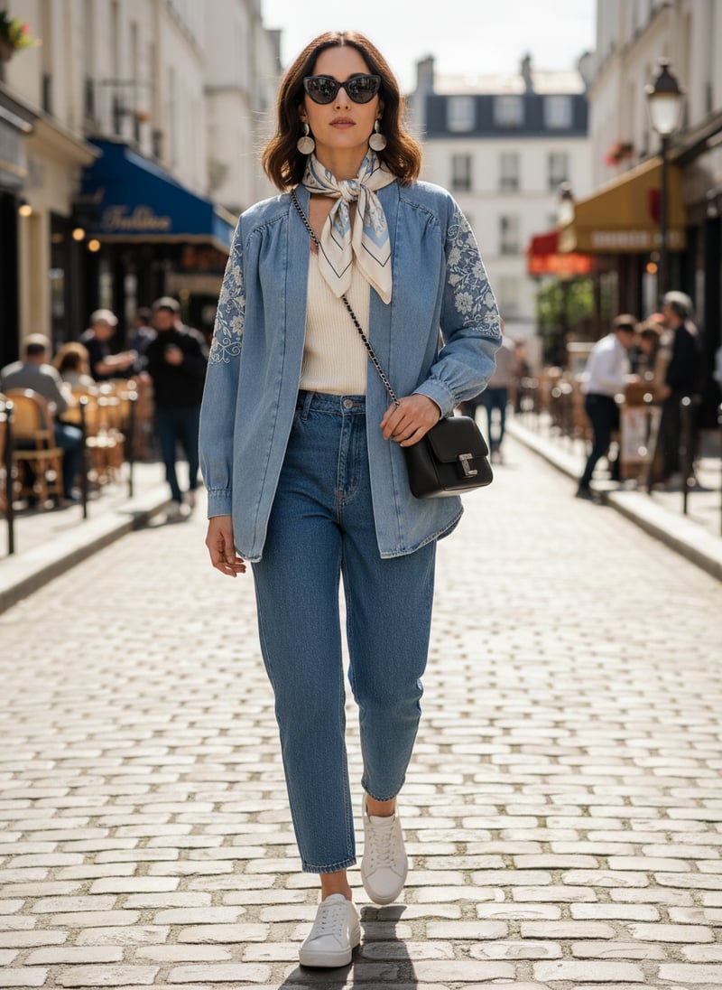 Light Blue Denim-Look Embroidered Longline Jacket