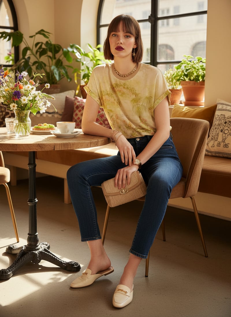 Beige Scenic Abstract Print Relaxed-Fit Boxy Top