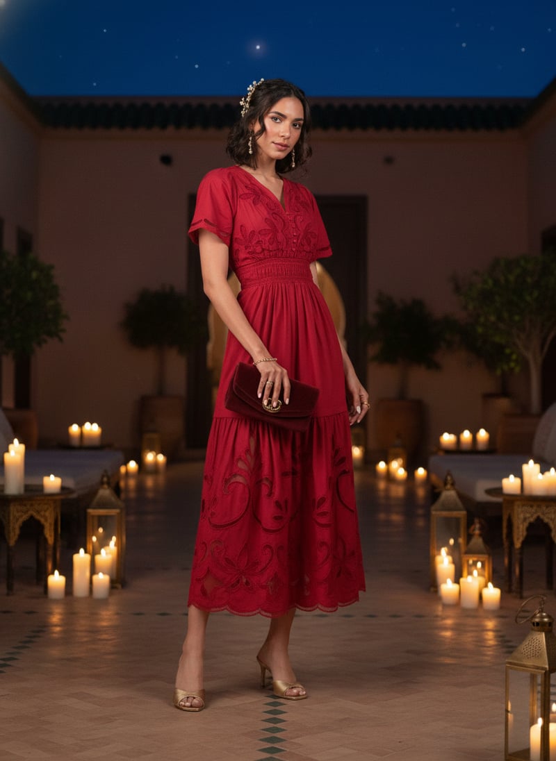 Red Cutwork Tiered Maxi Dress with Smocked Waist