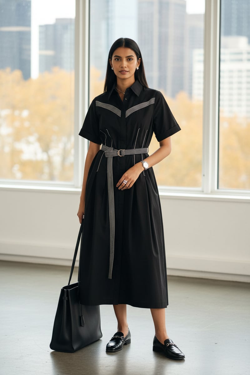 Black Poplin Midi Shirt Dress with Contrast Stitch Belt