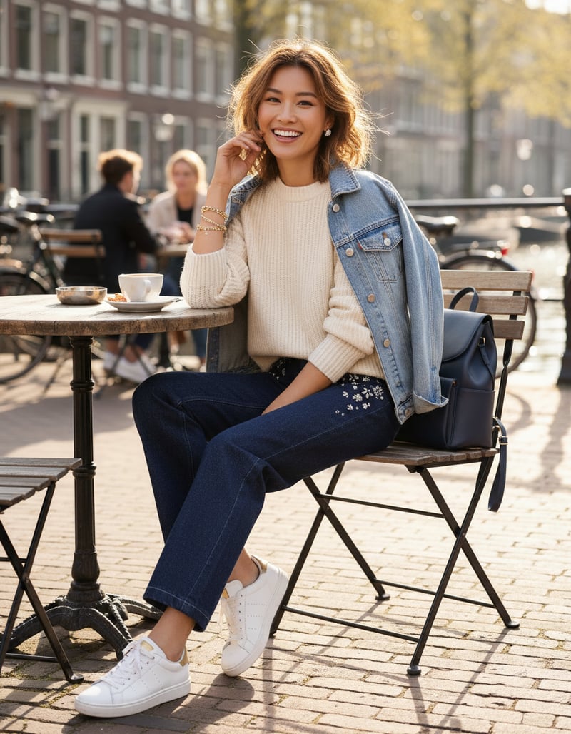 Dark Blue High-Rise Barrel Jeans with Crystal Embellishment