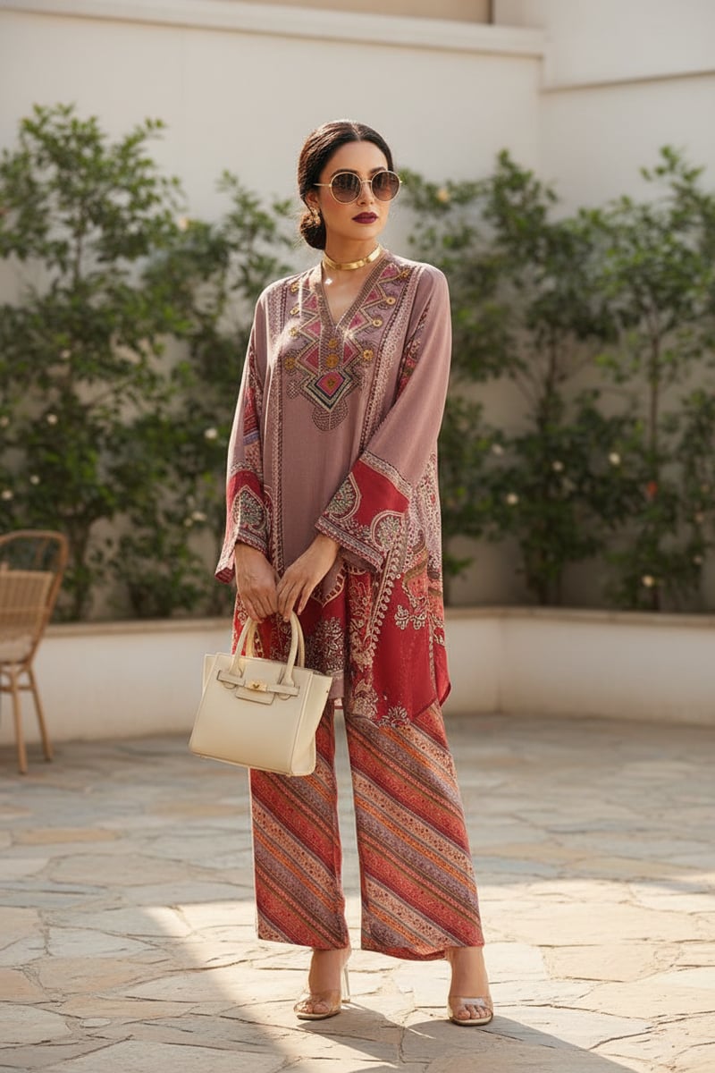 Multi Bemberg Crepe Printed Co-ord Set with Neck Embroidery
