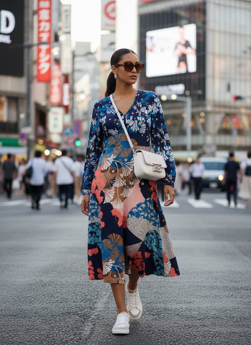 Navy Multi Printed Jersey Fit and Flare Midi Dress