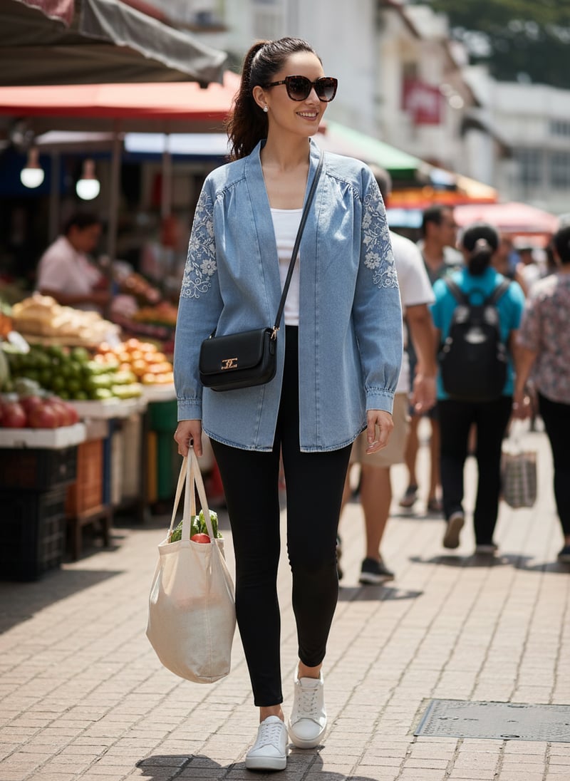 Light Blue Denim-Look Embroidered Longline Jacket