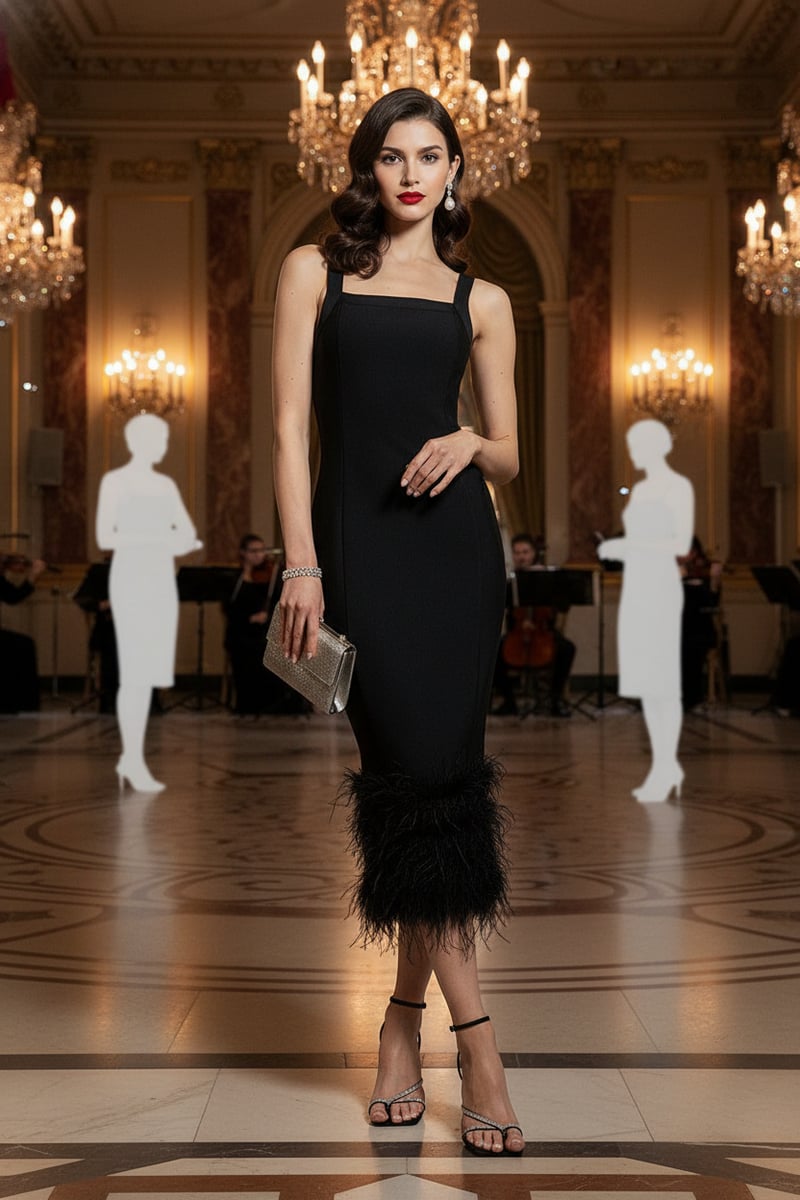 Black Bandage Knit Bodycon Midi Dress With Feather Hem