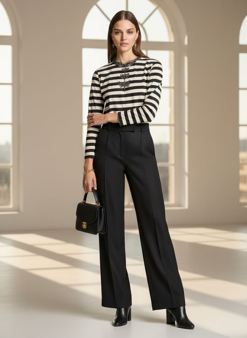 Black and White Striped Embellished Long Sleeve T-Shirt