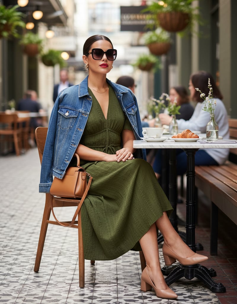 Khaki V-Neck Puff Sleeve Shirred Waist Midi Dress