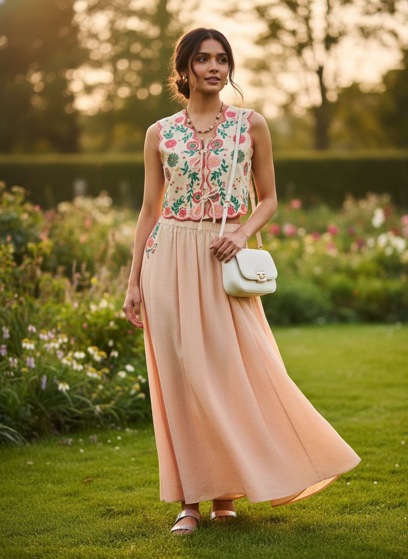 Cream Embroidered Tie-Up Crop Top