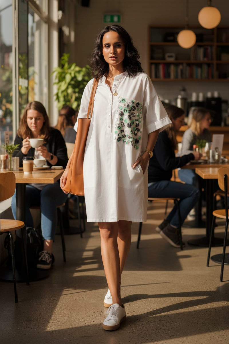 White Relaxed Shirt Dress with Statement Pocket