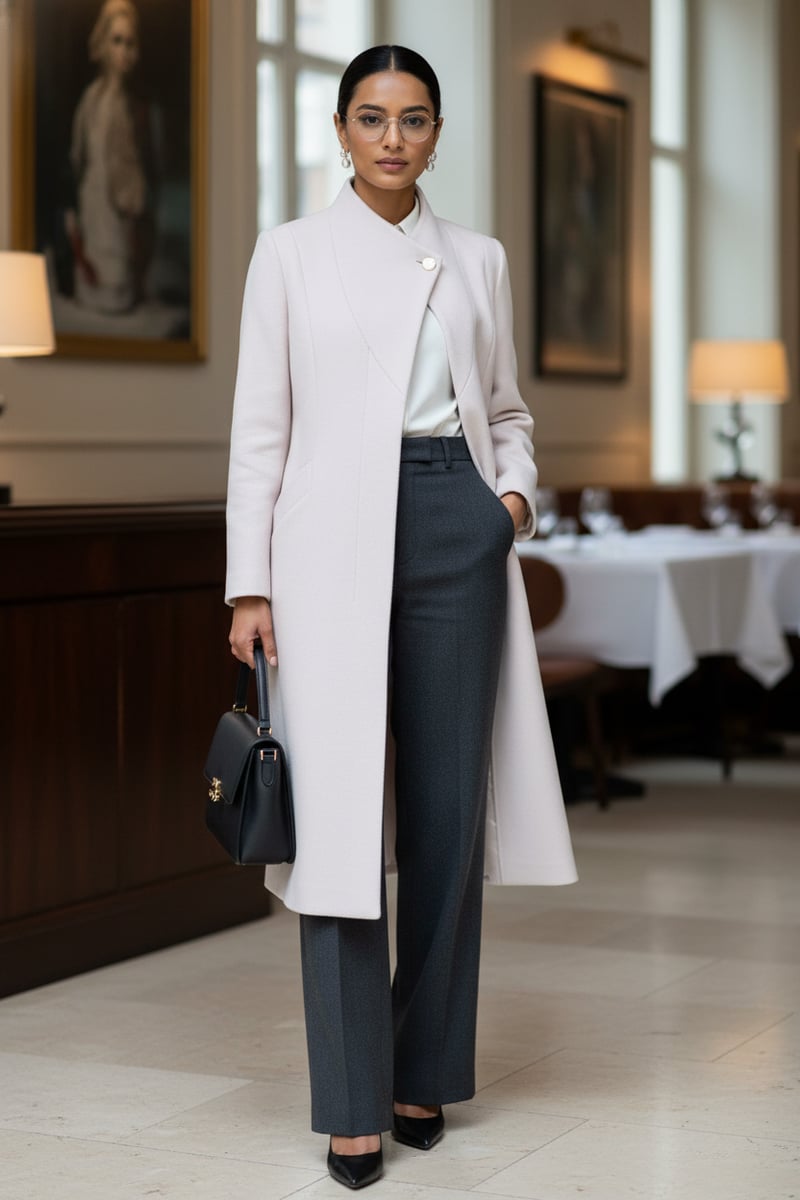 Light Pearl Longline Wool-Blend Belted Coat