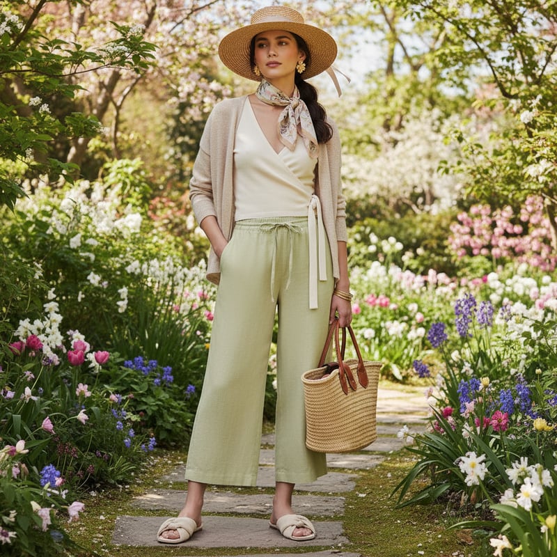 Tea Green Linen Wide-Leg Cropped Drawstring Trousers