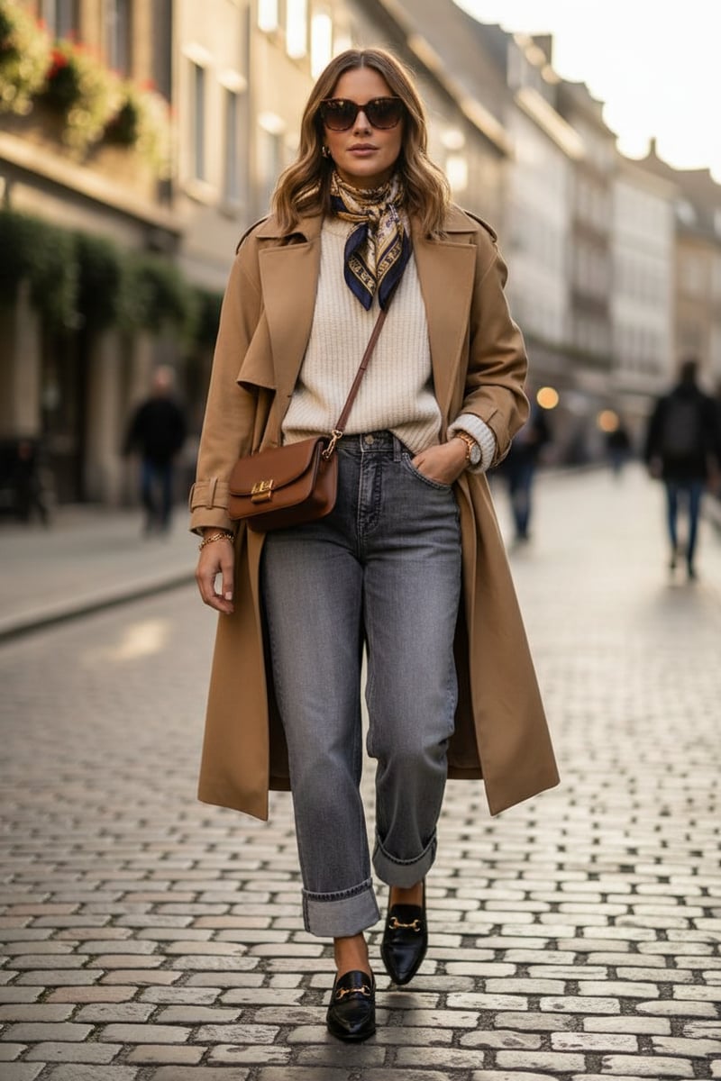 Light Grey High-Rise Straight-Leg Jeans with Cuffed Hem