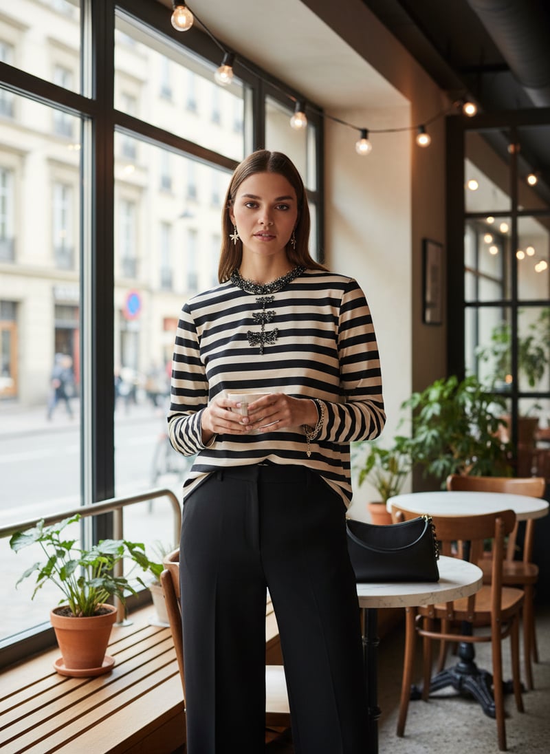 Black and White Striped Embellished Long Sleeve T-Shirt