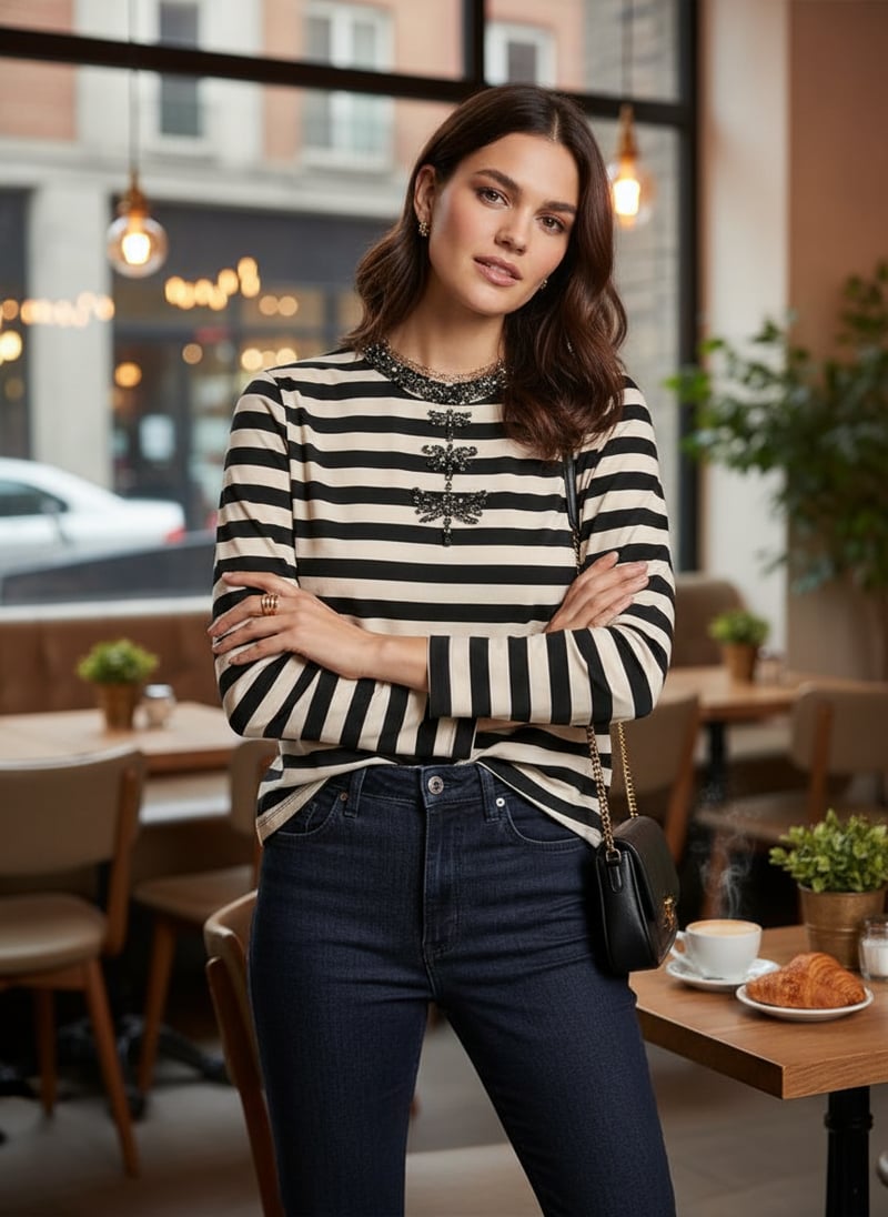 Black and White Striped Embellished Long Sleeve T-Shirt