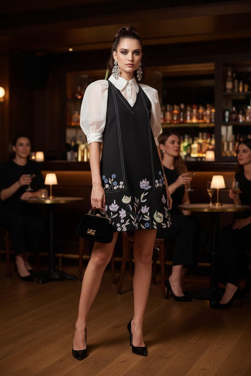 Black and White A-Line Mini Dress with Organza Sleeves