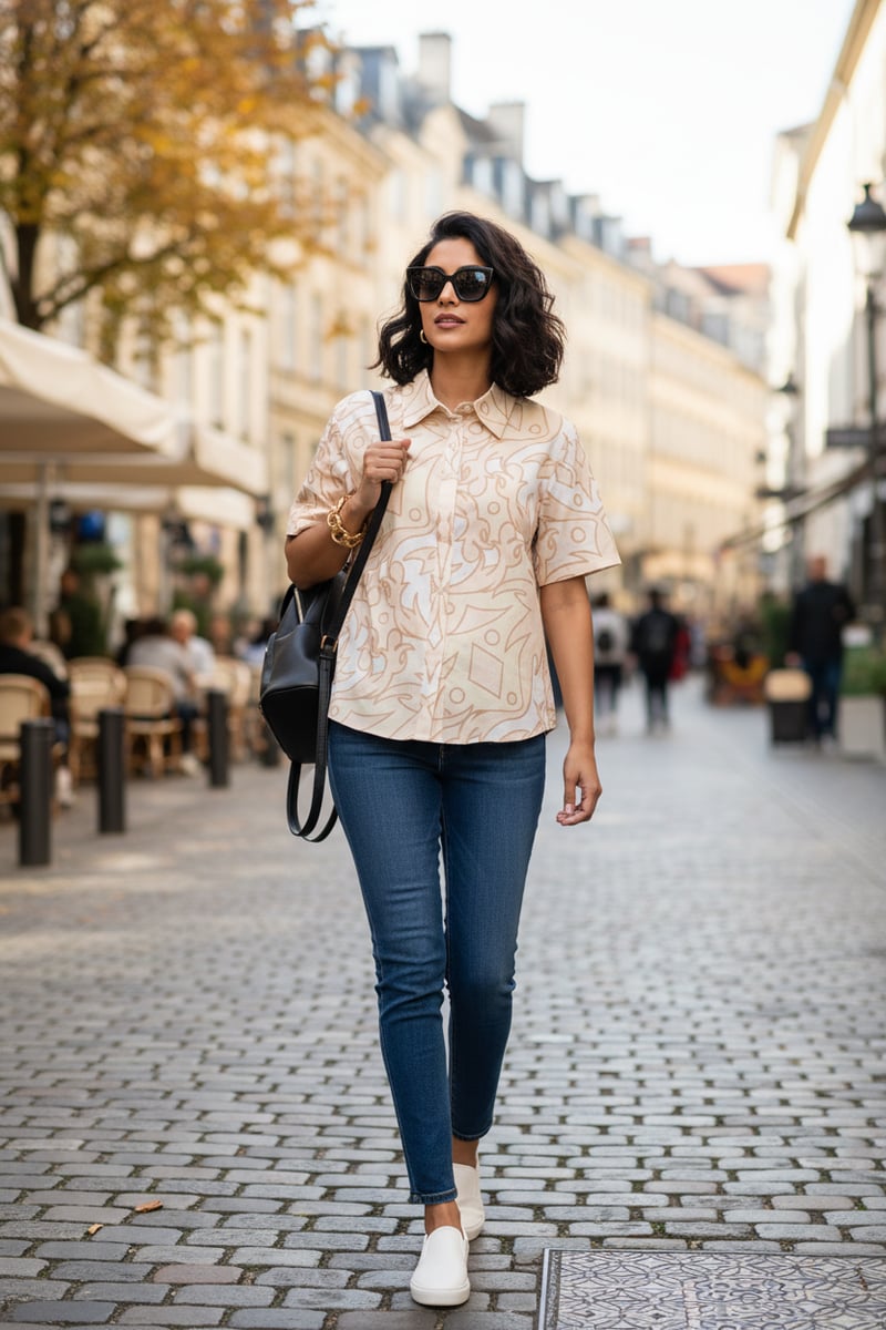 Beige Geometric Print Relaxed Fit Short Sleeve Shirt