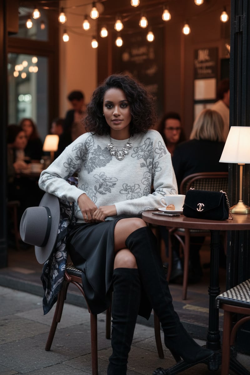 Medium Grey Floral Jacquard Jumper with Subtle Shimmer