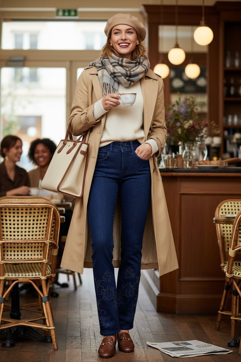 Blue High-Rise Bootcut Jeans with Embellished Hem