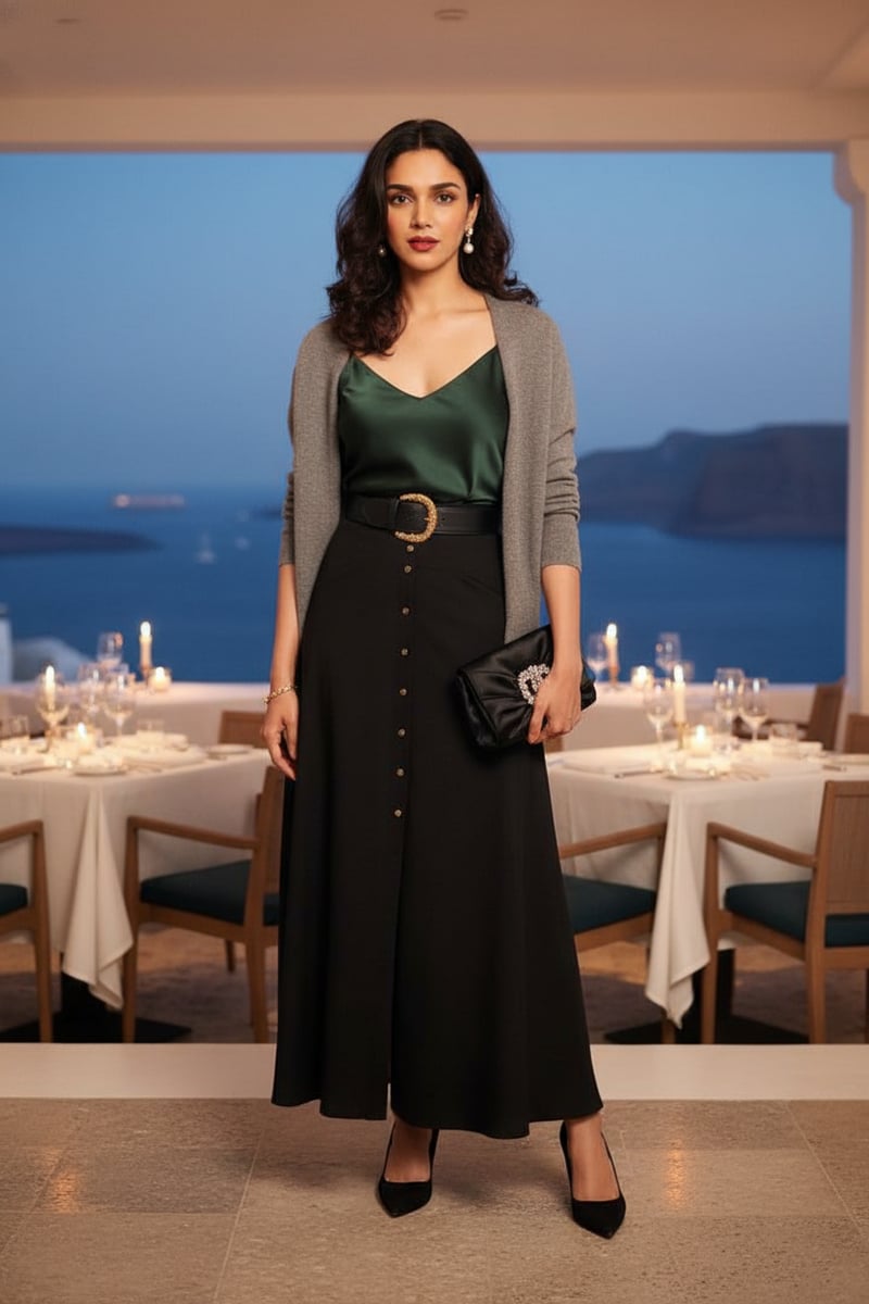 Black High-Waist Flared Maxi Skirt with Button Front