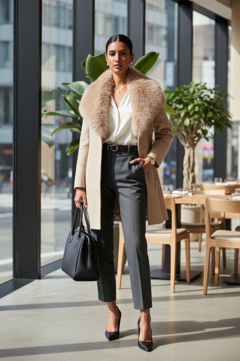 Medium Beige Longline Wool-Blend Coat with Fur Collar