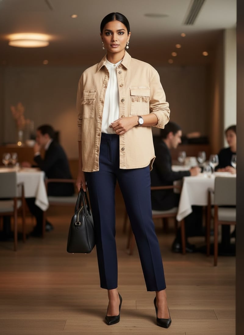 Beige Utility Button-Down Shirt with Frayed Pockets