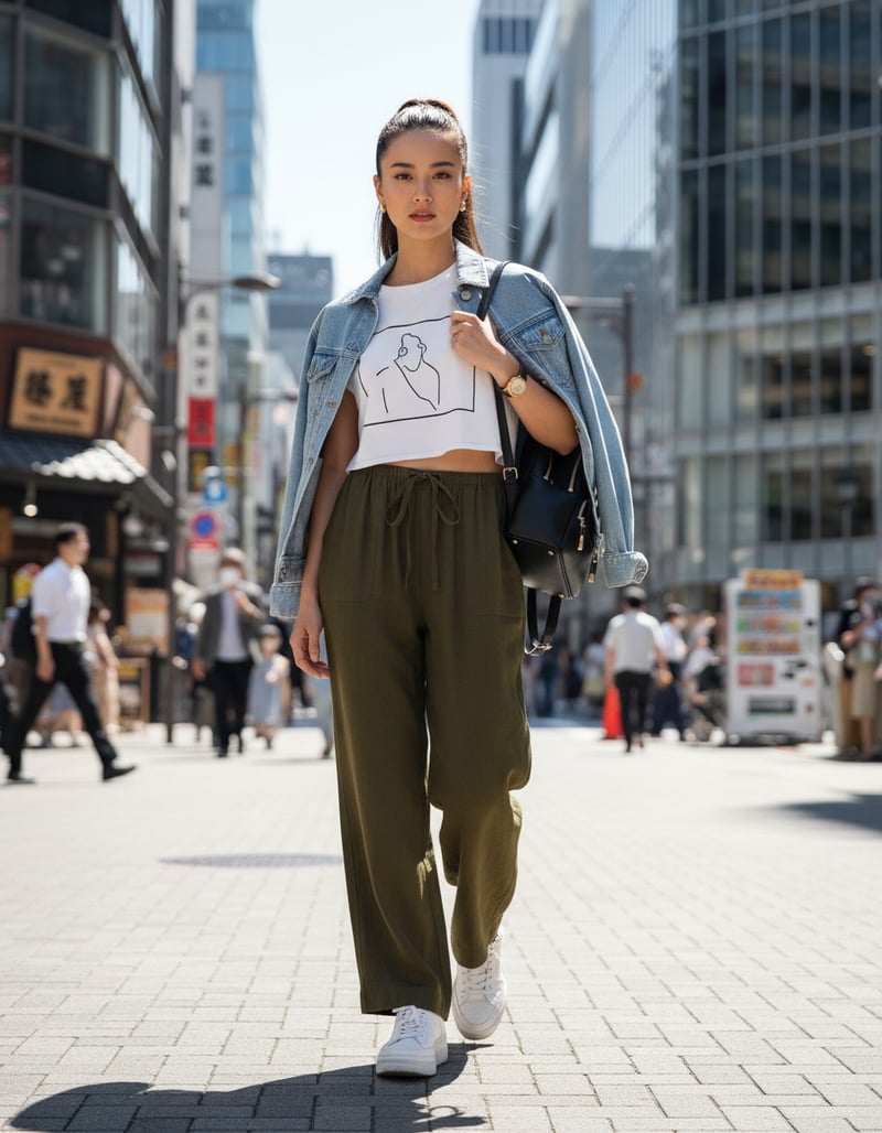 Olive Green Wide-Leg Drawstring Trousers with Patch Pockets