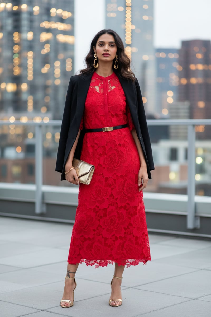 Red Lace Midi Dress with Band Collar and Flared Sleeves