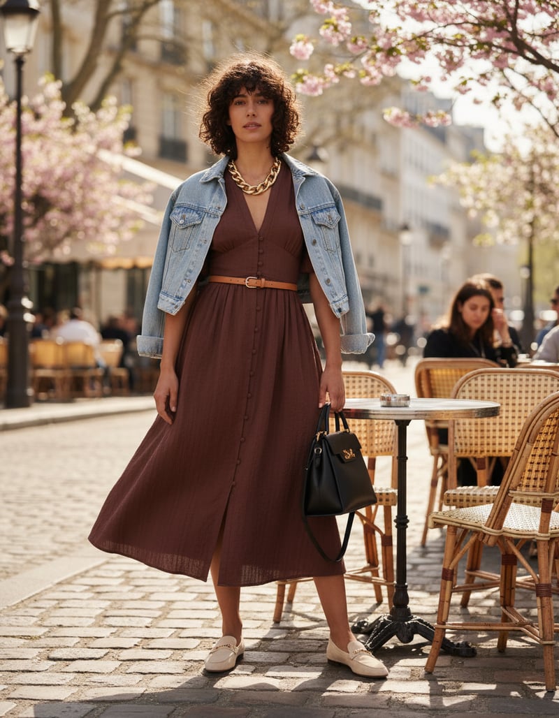Chocolate Brown V-Neck Button-Front Midi Dress