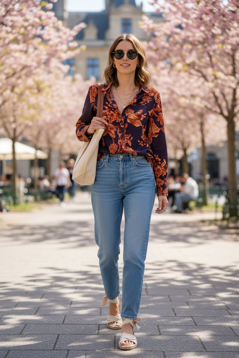Navy Orange Floral Print Relaxed Fit Button-Front Shirt
