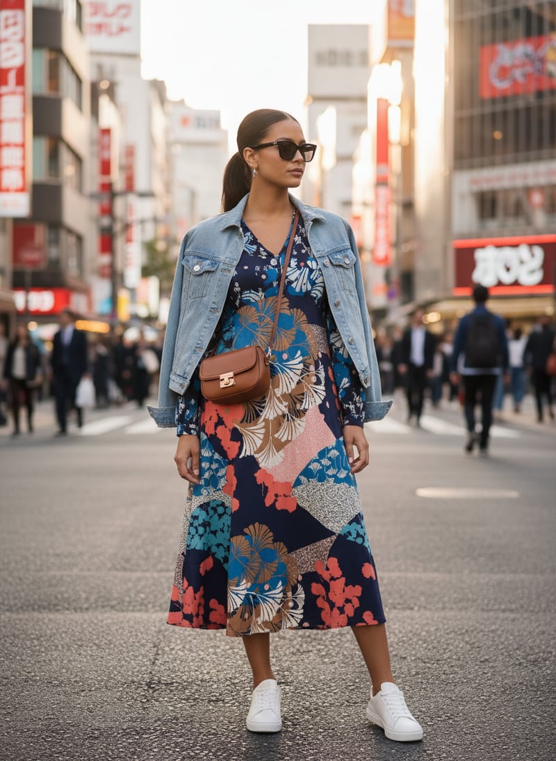 Navy Multi Printed Jersey Fit and Flare Midi Dress