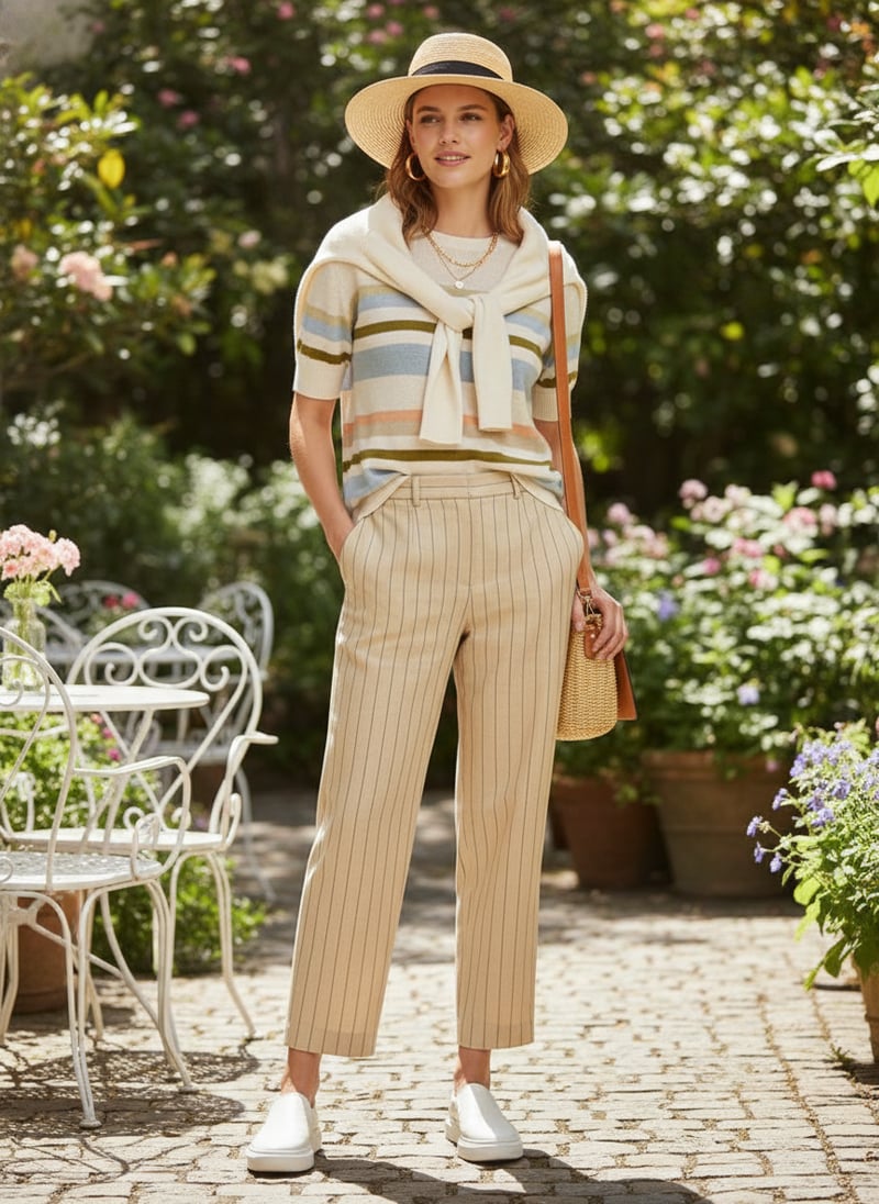 Sand Pinstripe High-Waist Straight-Leg Trousers
