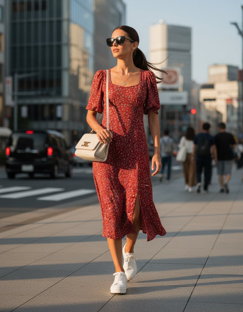 Red Ditsy Floral Scoop Neck Midi Dress with Slit