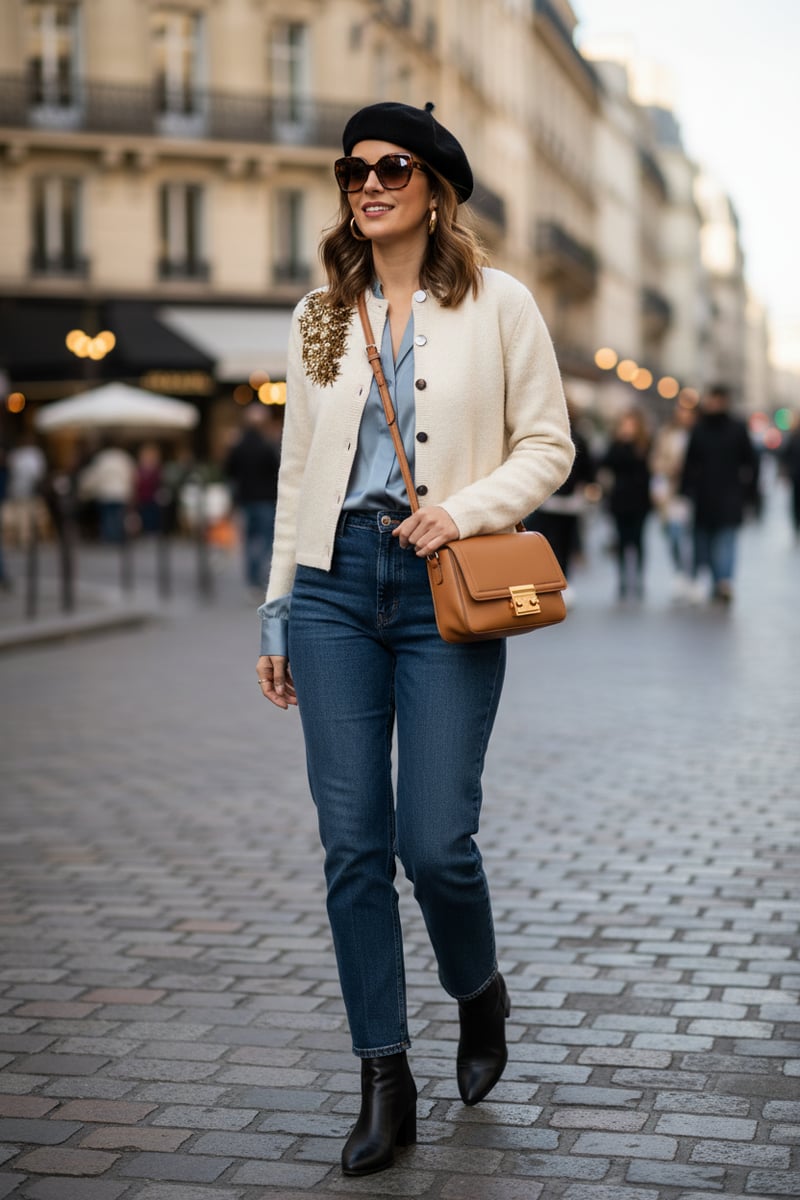 Off-White Cropped Knit Cardigan with Sequin Shoulder Detail