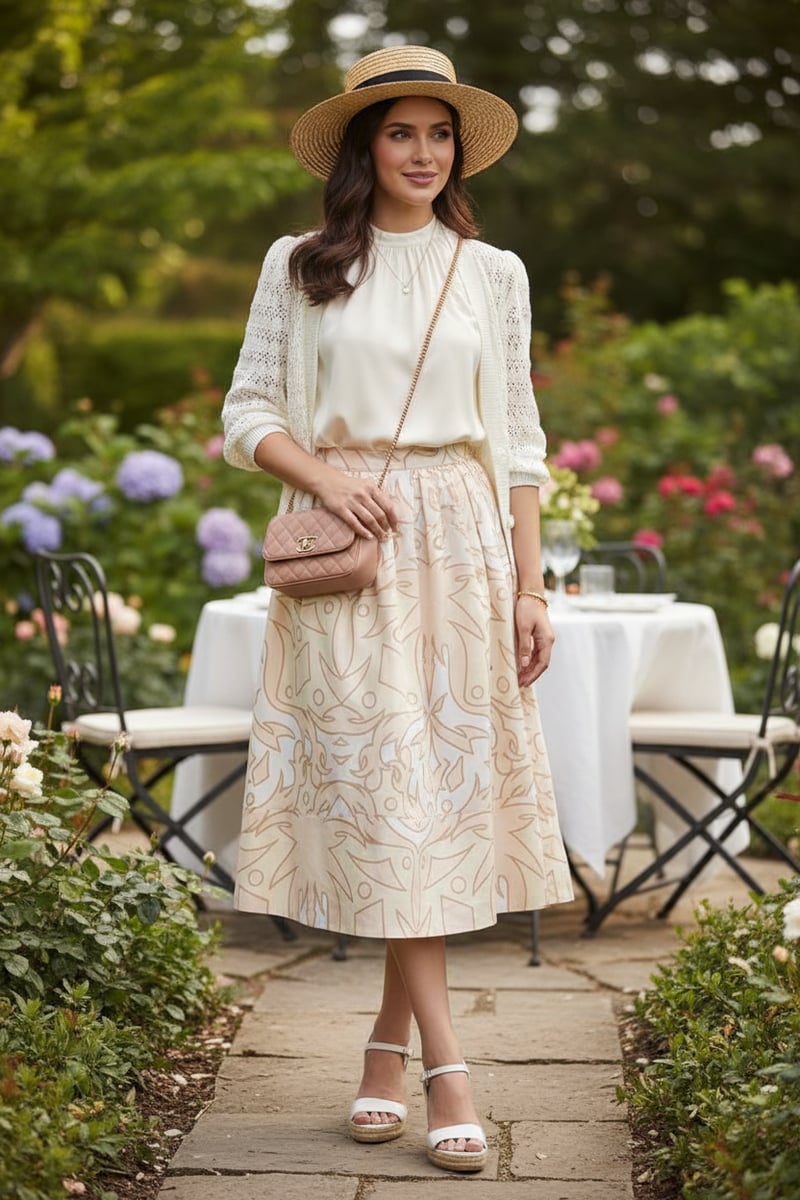 Beige Abstract Geometric Print High-Waist Midi Skirt
