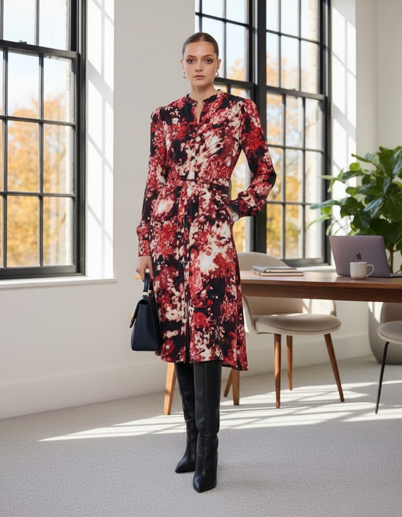 Red Floral Printed Belted Midi Shirt Dress