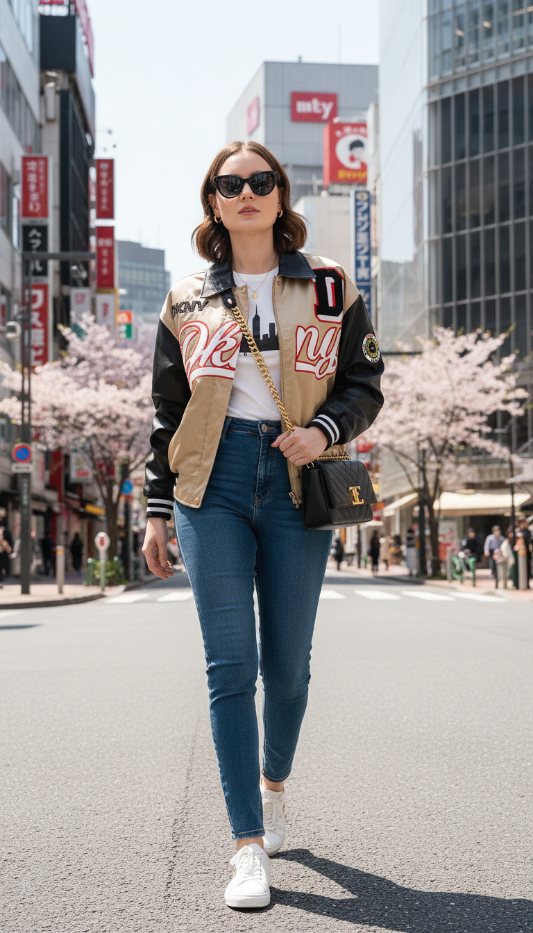 Beige and Black Colorblock Varsity Bomber Jacket